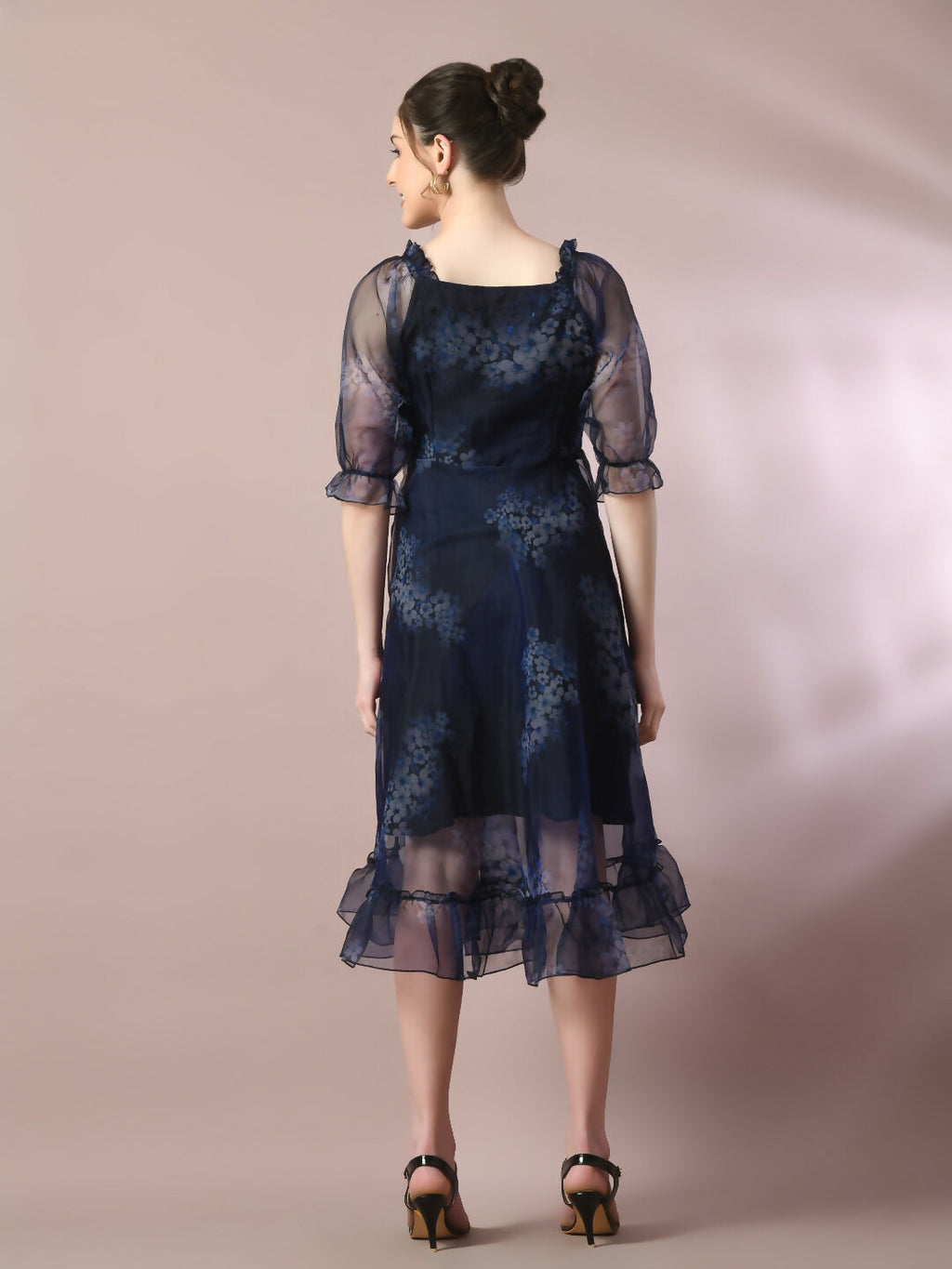 Myshka Women's Navy Blue Printed Square Neck Fit and Flare Party Dress - Distacart