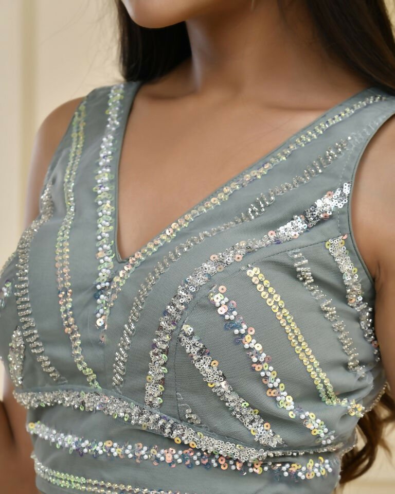 Amodini Designer Studio Teal Sequined Pearl Cutdana Sleeveless Padded Blouse