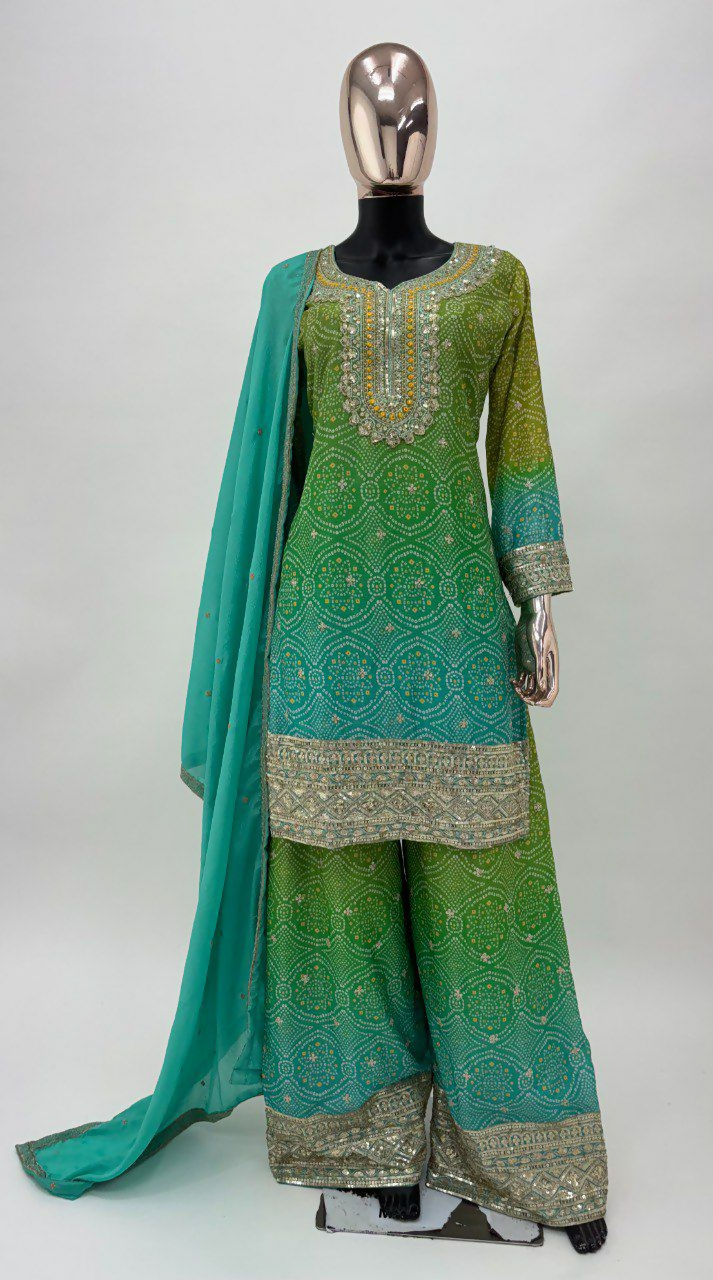 Lorenvalley Fashion Green and Teal Chinon Embroidery With Sequince Work Salwar Kameez Stitched
