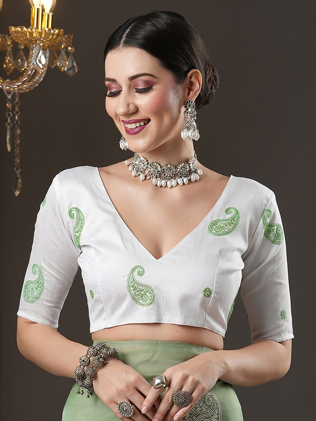 Saree Mall Olive Green & White Paisley Embroidered Organza Banarasi Sarees - Distacart