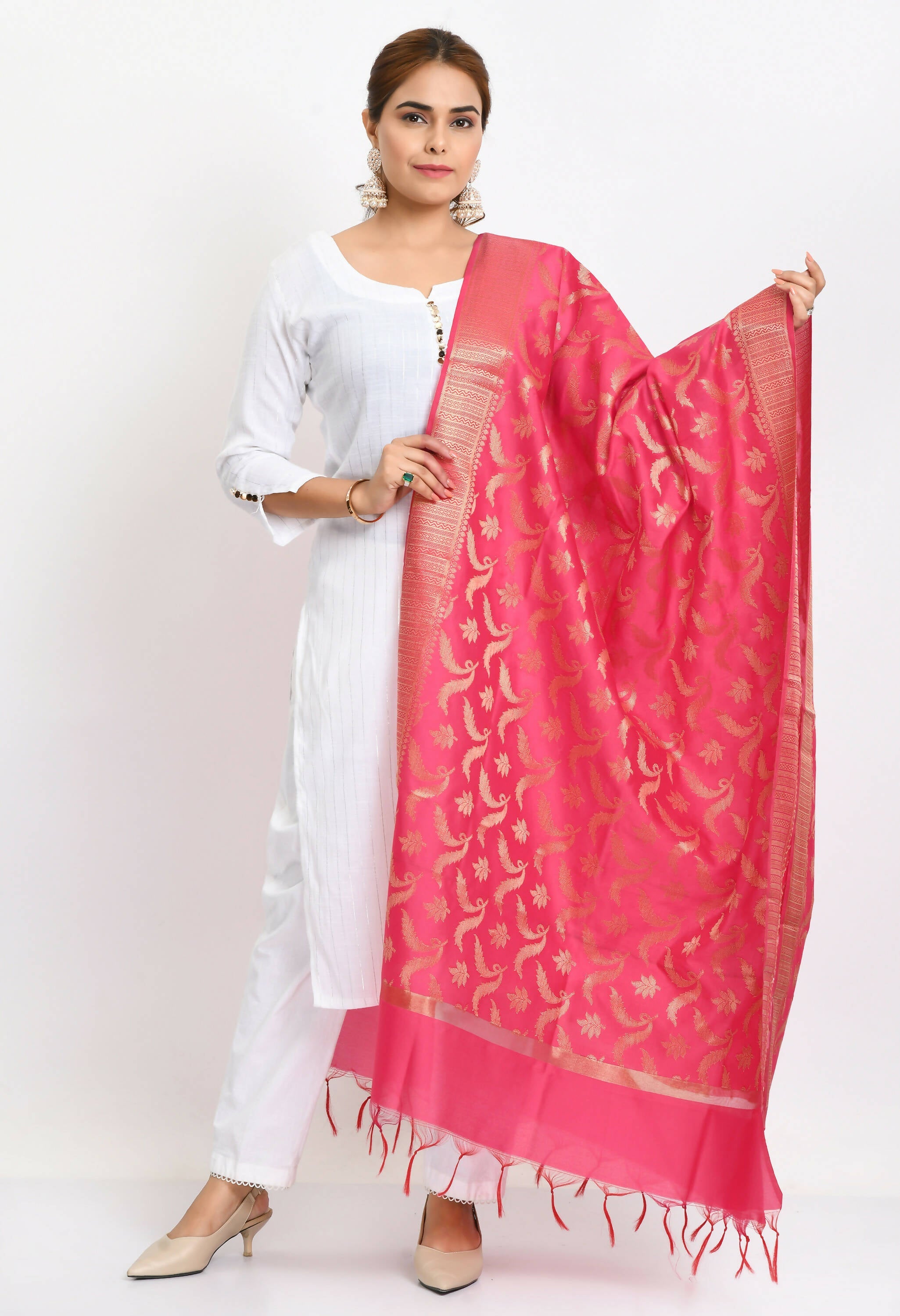Mominos Fashion Moeza Women's Banarsi Silk Floral Woven Design Pink Dupatta - Distacart