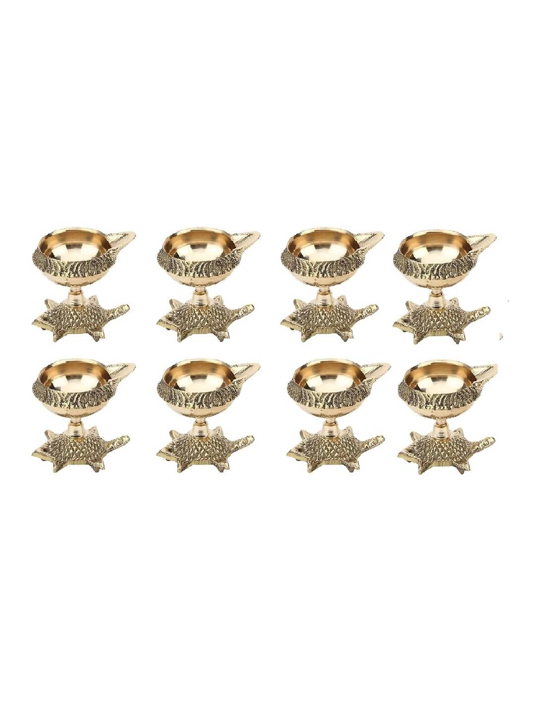 Tied Ribbons Gold Toned 8 Pieces Decorative Brass Diyas With Tortoise Base