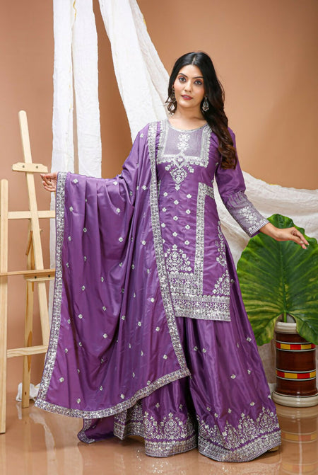 Teeya Creation Lavender Color Natural Crepe Silk Wedding Wear Trending Salwar Suit