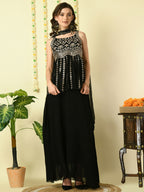 Myshka Women's Black Georgette Top & Skirt With Dupatta Party Sets
