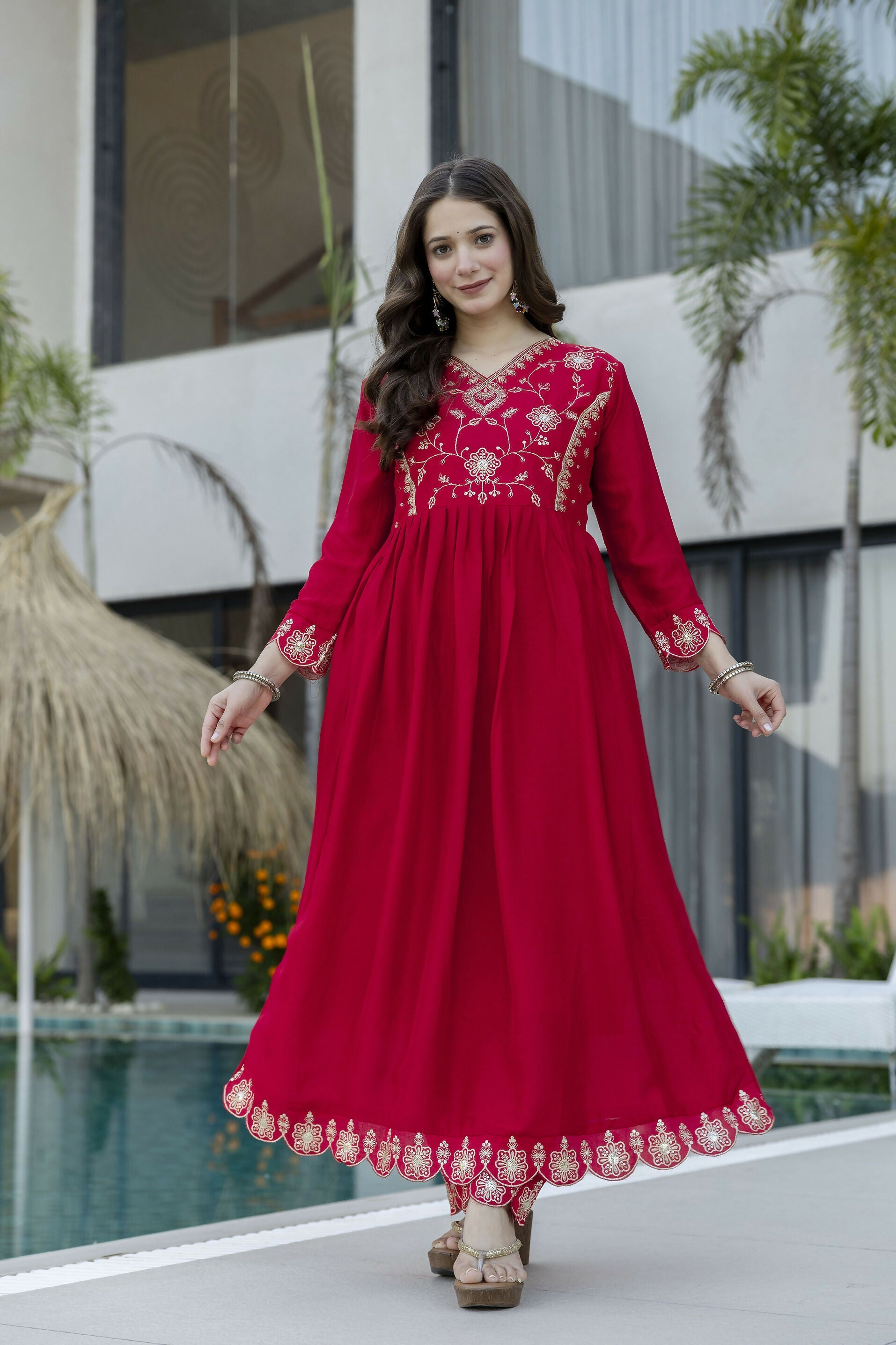The52 Women's Beautiful Vichitra Silk Fabric Embroidery Work Flared Anarkali Pant and Dupatta Set - Distacart