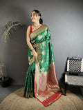 Joban Fashion Bottle Green Woven Butti Soft Silk Banarasi Silk Saree - Distacart