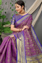 Jyoti Fashion Women's Purple Kanjivaram Silk Zari Woven Saree with Blouse