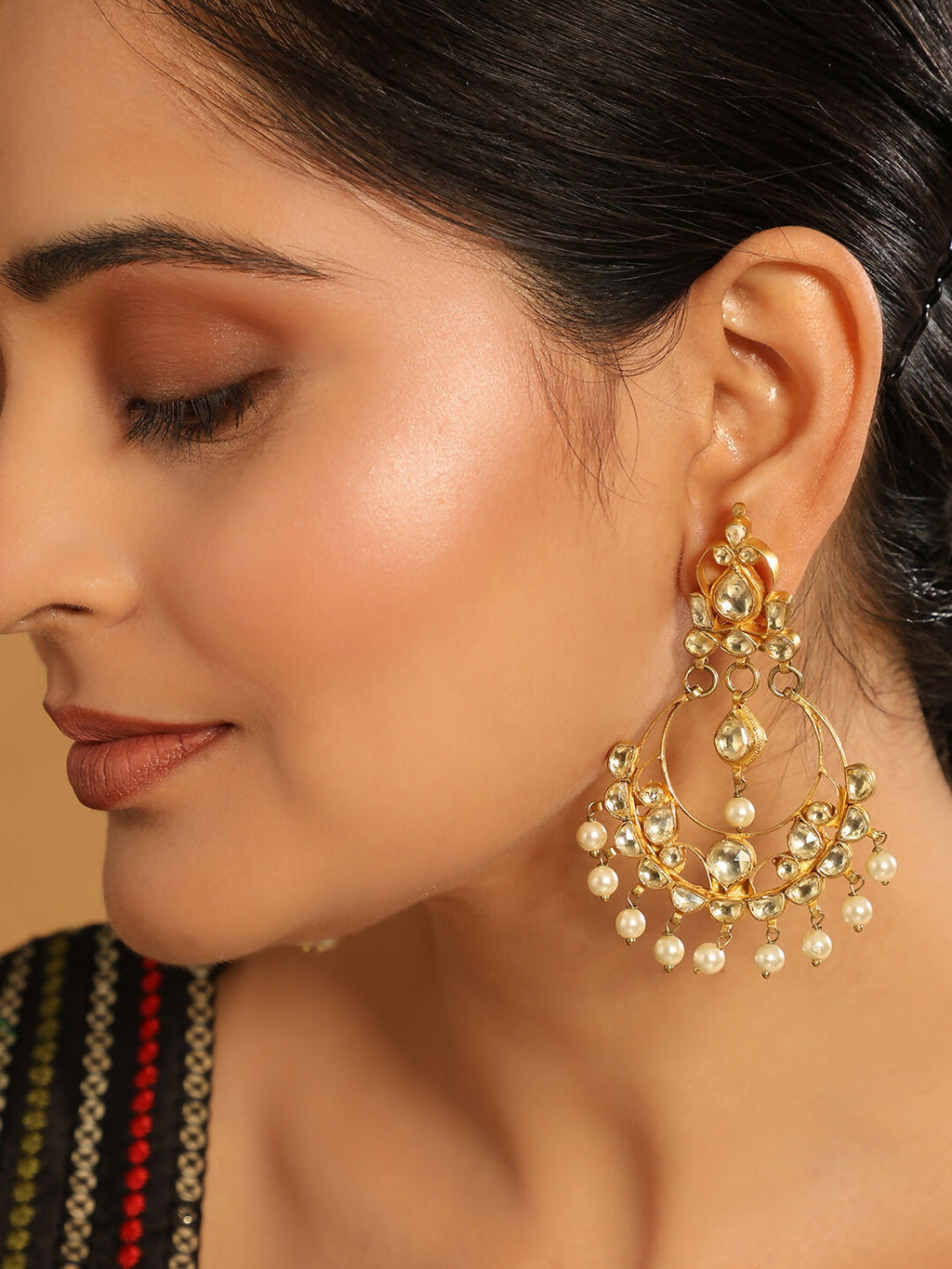Nuyug 22K Gold Plated Kundan Studded Contemporary Shaped Pearl Drop Chandbalis - Distacart