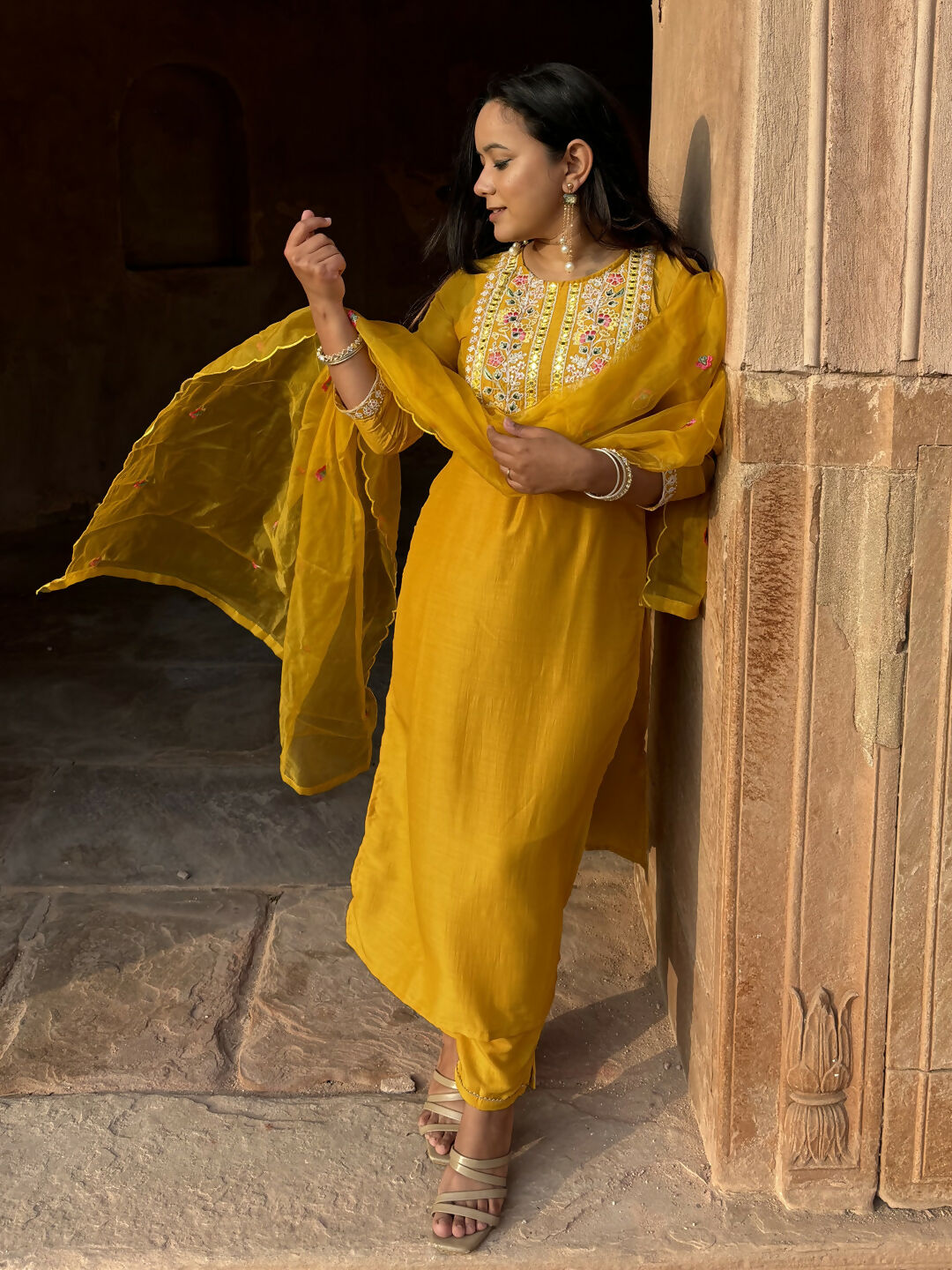 Vellora Mustard Yellow Silk Blend Festive Style Readymade Salwar Suit