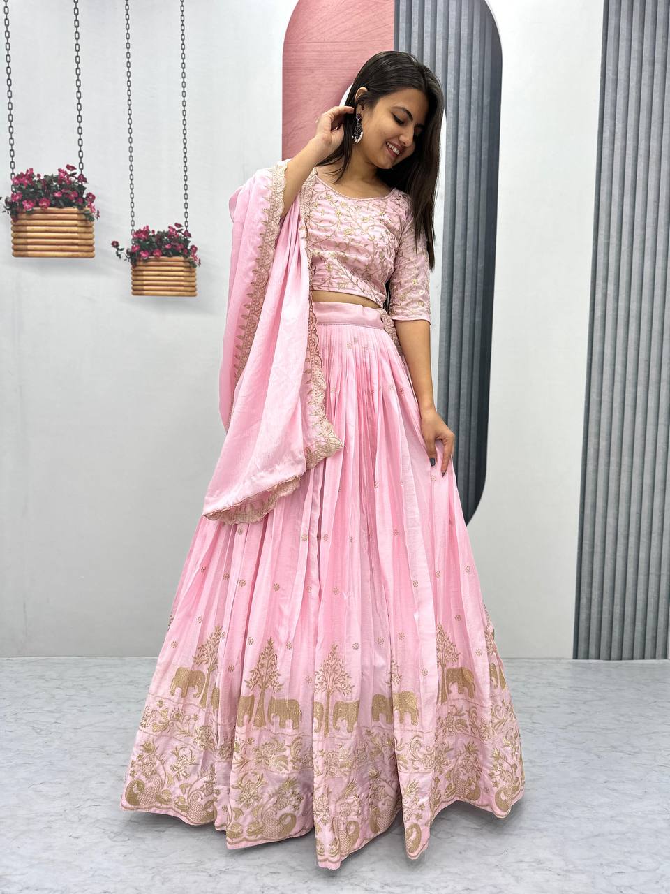 Teeya Creation Baby Pink Color Chinon Silk Embroidery Work Fully Stitched Lehenga Choli