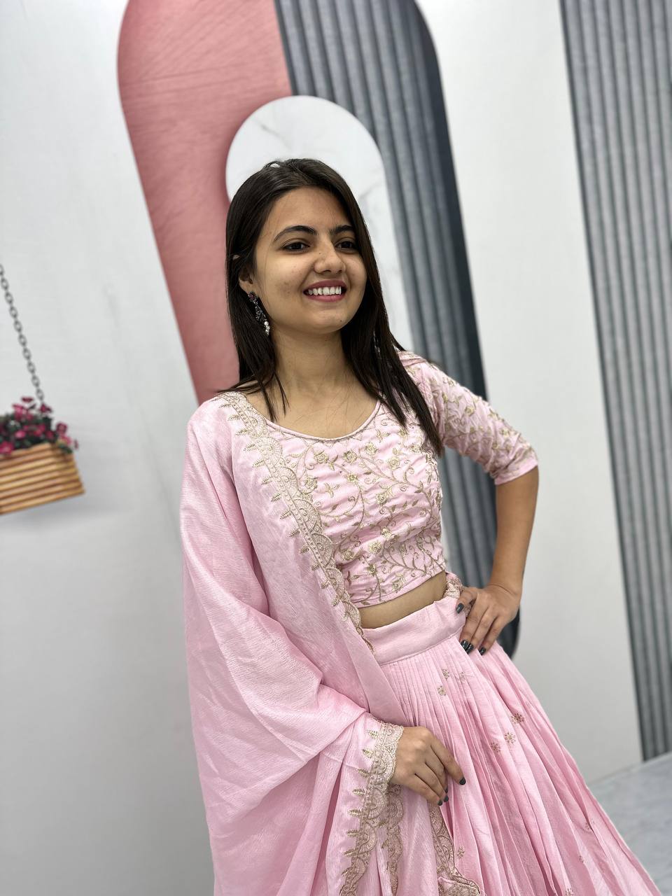 Teeya Creation Baby Pink Color Chinon Silk Embroidery Work Fully Stitched Lehenga Choli