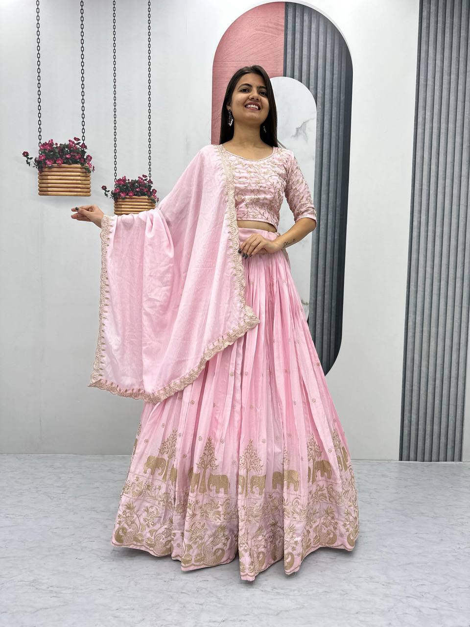 Teeya Creation Baby Pink Color Chinon Silk Embroidery Work Fully Stitched Lehenga Choli