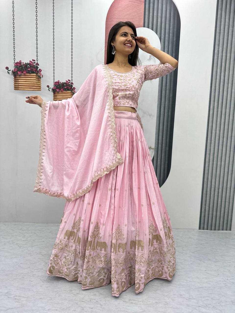 Teeya Creation Baby Pink Color Chinon Silk Embroidery Work Fully Stitched Lehenga Choli