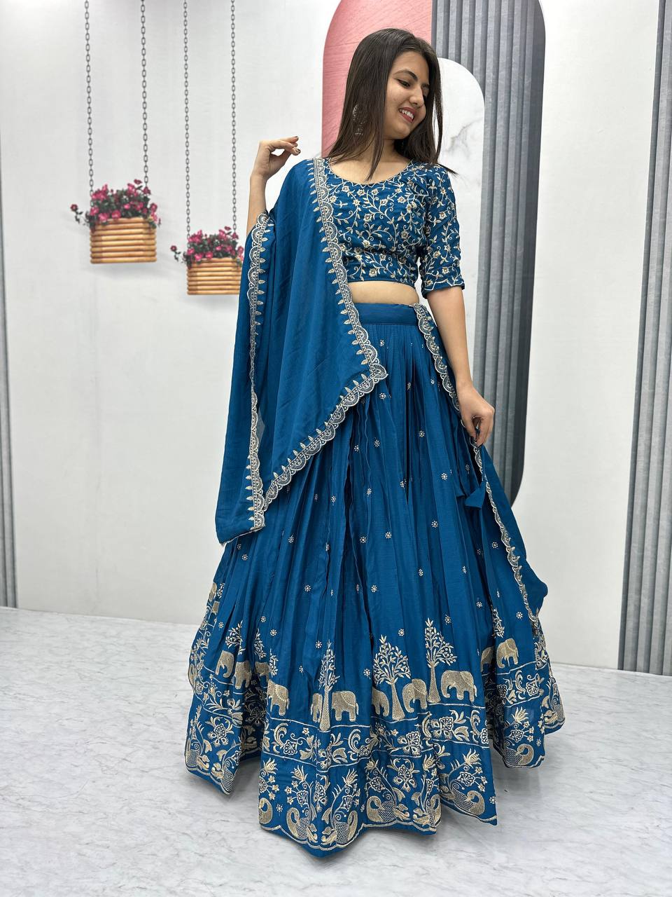 Teeya Creation Blue Color Chinon Silk Embroidery Work Fully Stitched Lehenga Choli