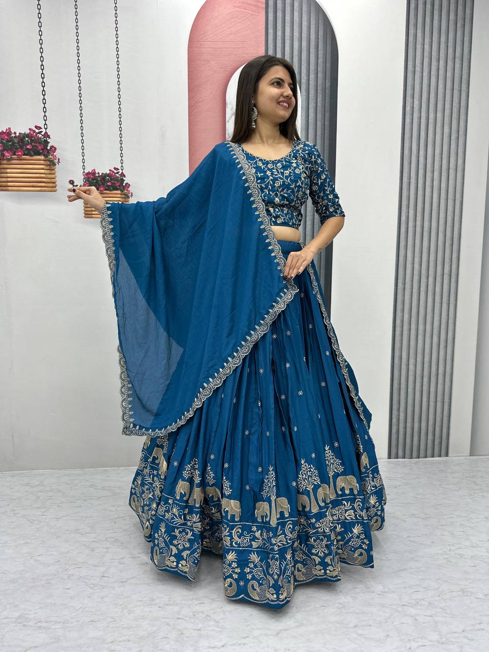 Teeya Creation Blue Color Chinon Silk Embroidery Work Fully Stitched Lehenga Choli