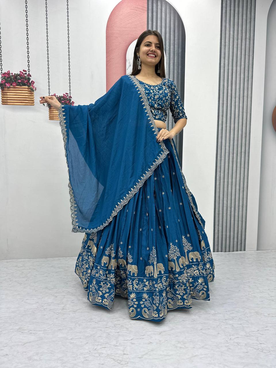 Teeya Creation Blue Color Chinon Silk Embroidery Work Fully Stitched Lehenga Choli