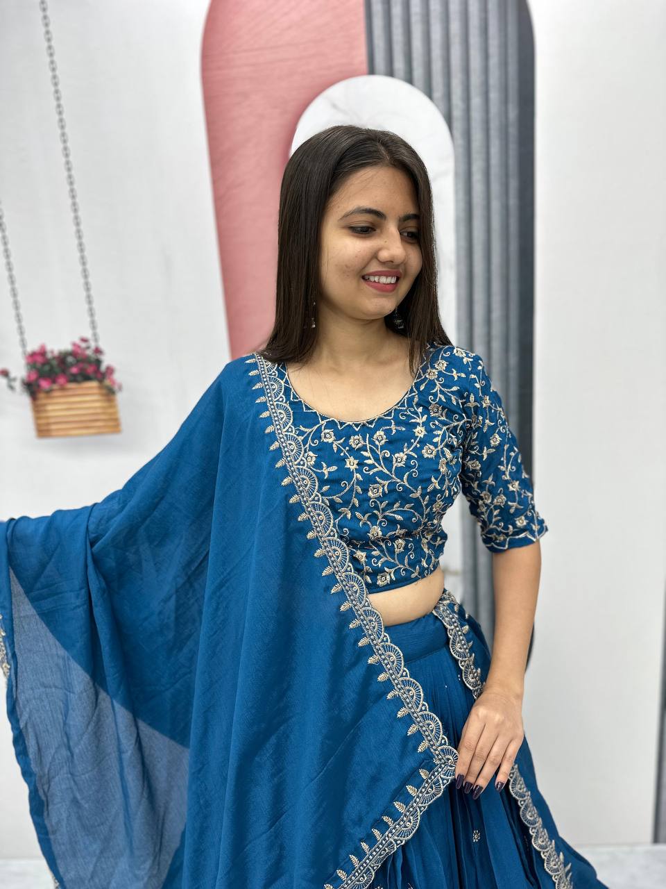 Teeya Creation Blue Color Chinon Silk Embroidery Work Fully Stitched Lehenga Choli