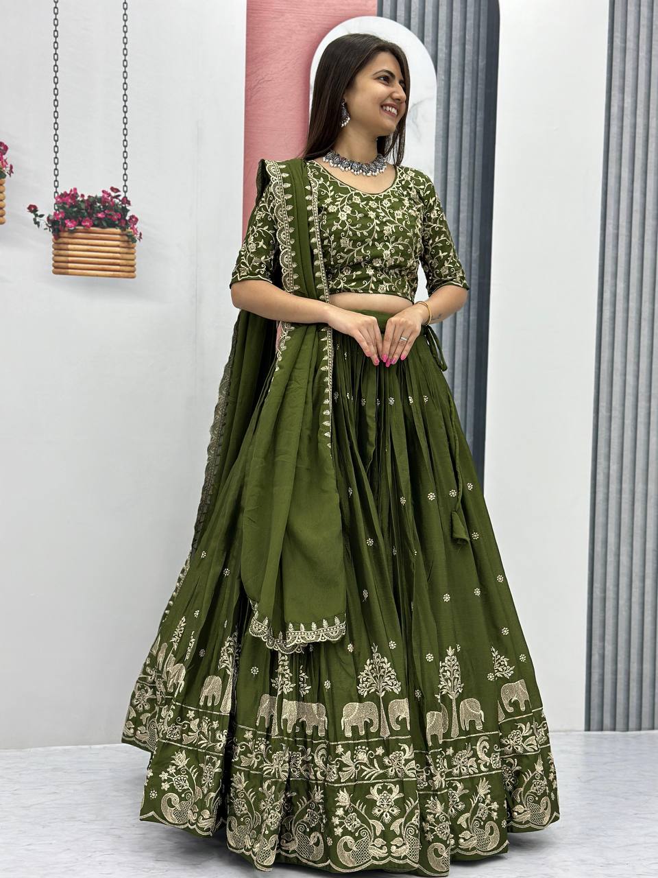 Teeya Creation Green Color Chinon Silk Embroidery Work Fully Stitched Lehenga Choli