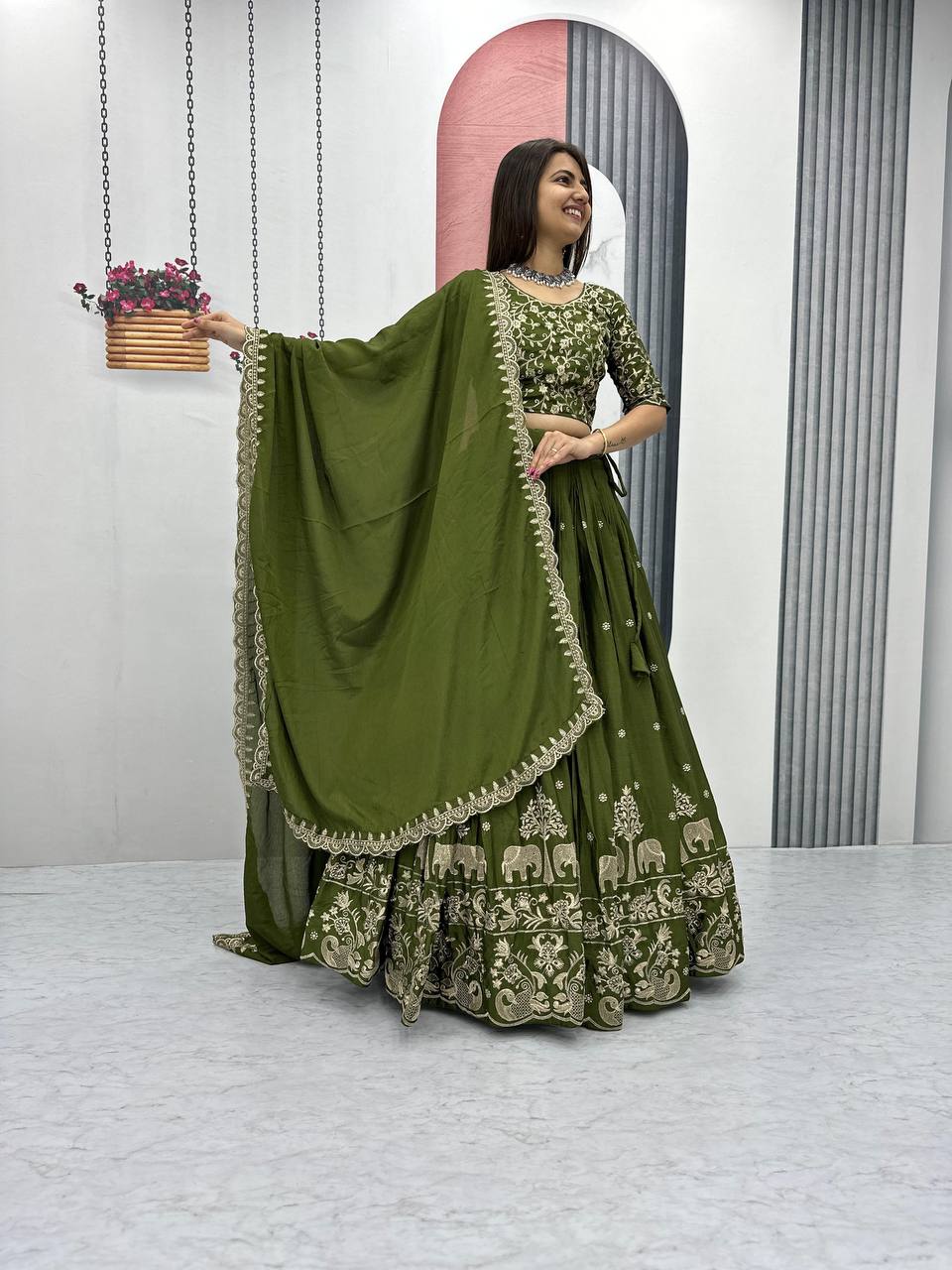 Teeya Creation Green Color Chinon Silk Embroidery Work Fully Stitched Lehenga Choli