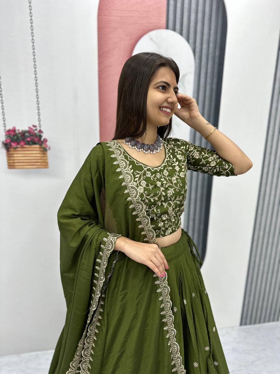 Teeya Creation Green Color Chinon Silk Embroidery Work Fully Stitched Lehenga Choli