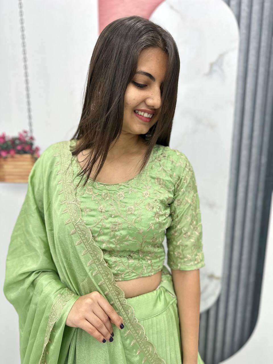Teeya Creation Parrot Green Color Chinon Silk Embroidery Work Fully Stitched Lehenga Choli