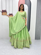 Teeya Creation Parrot Green Color Chinon Silk Embroidery Work Fully Stitched Lehenga Choli