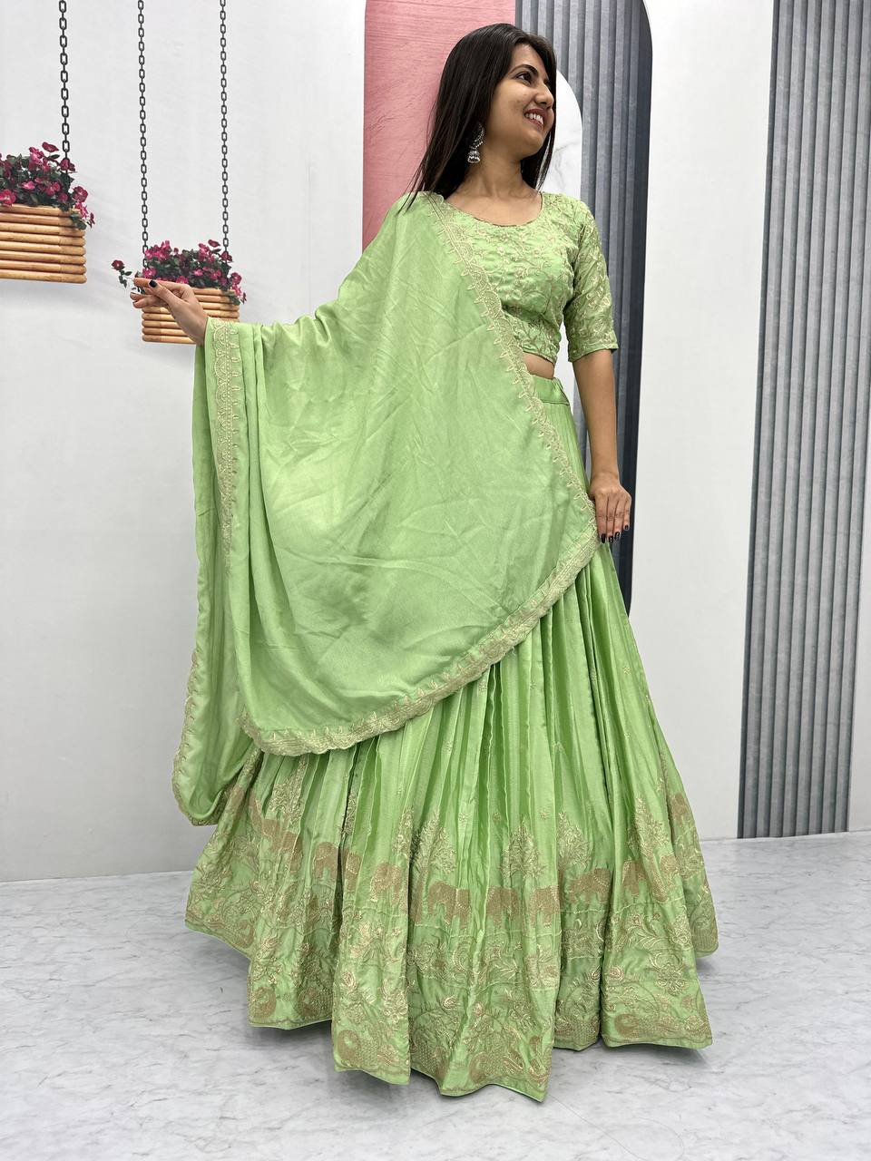 Teeya Creation Parrot Green Color Chinon Silk Embroidery Work Fully Stitched Lehenga Choli