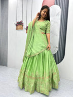 Teeya Creation Parrot Green Color Chinon Silk Embroidery Work Fully Stitched Lehenga Choli