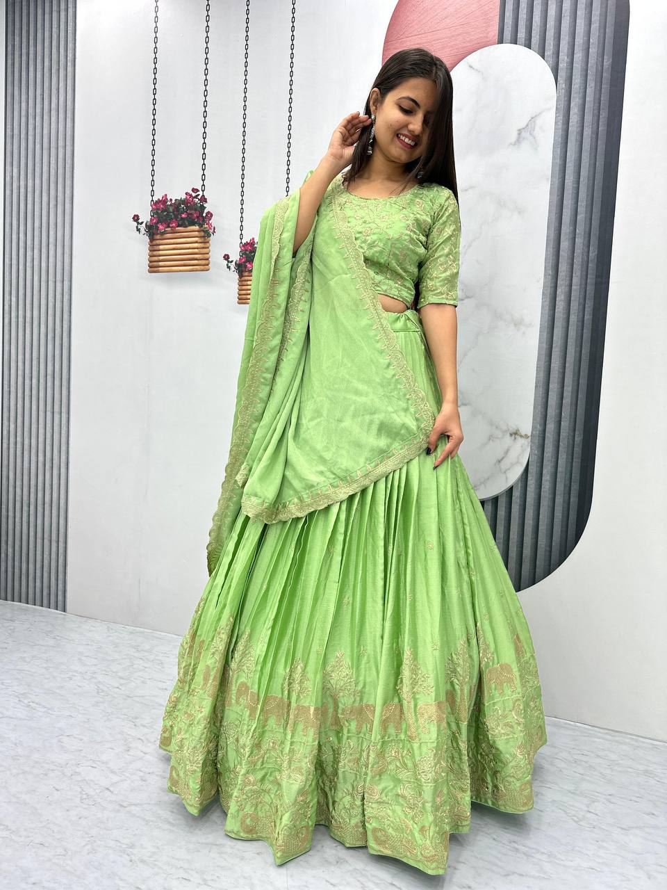 Teeya Creation Parrot Green Color Chinon Silk Embroidery Work Fully Stitched Lehenga Choli