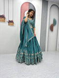 Teeya Creation Teal Color Chinon Silk Embroidery Work Fully Stitched Lehenga Choli