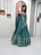 Teeya Creation Teal Color Chinon Silk Embroidery Work Fully Stitched Lehenga Choli