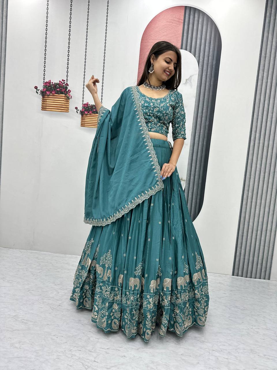 Teeya Creation Teal Color Chinon Silk Embroidery Work Fully Stitched Lehenga Choli