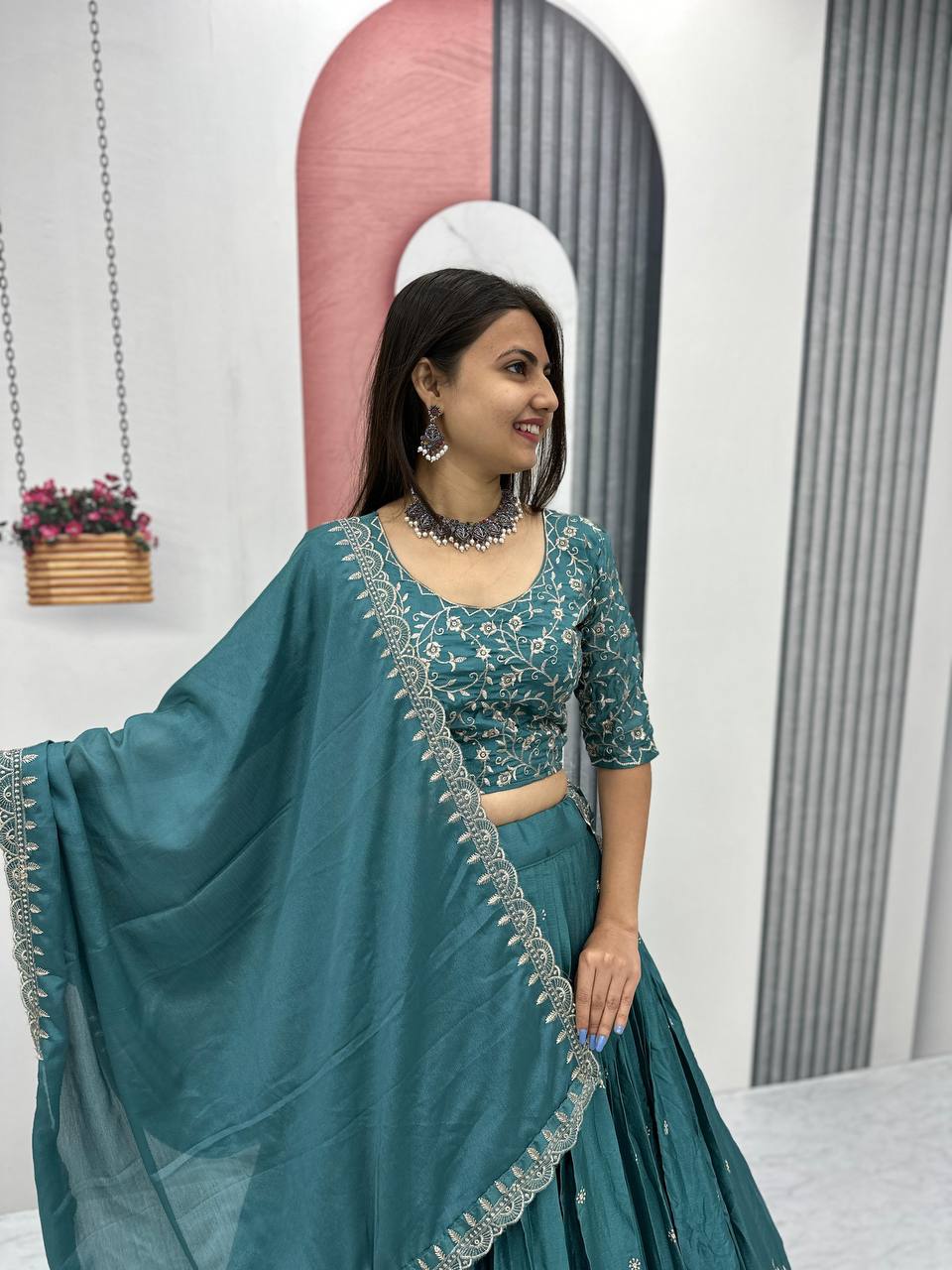 Teeya Creation Teal Color Chinon Silk Embroidery Work Fully Stitched Lehenga Choli