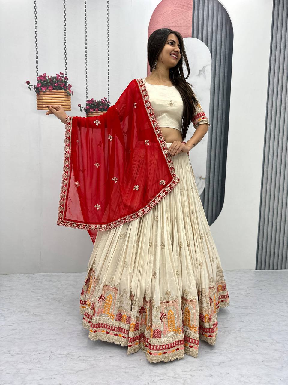 Teeya Creation Cream Color Banarasi Silk Heavy Embroidery Work Fully Stitched Lehenga Choli