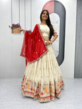 Teeya Creation Cream Color Banarasi Silk Heavy Embroidery Work Fully Stitched Lehenga Choli