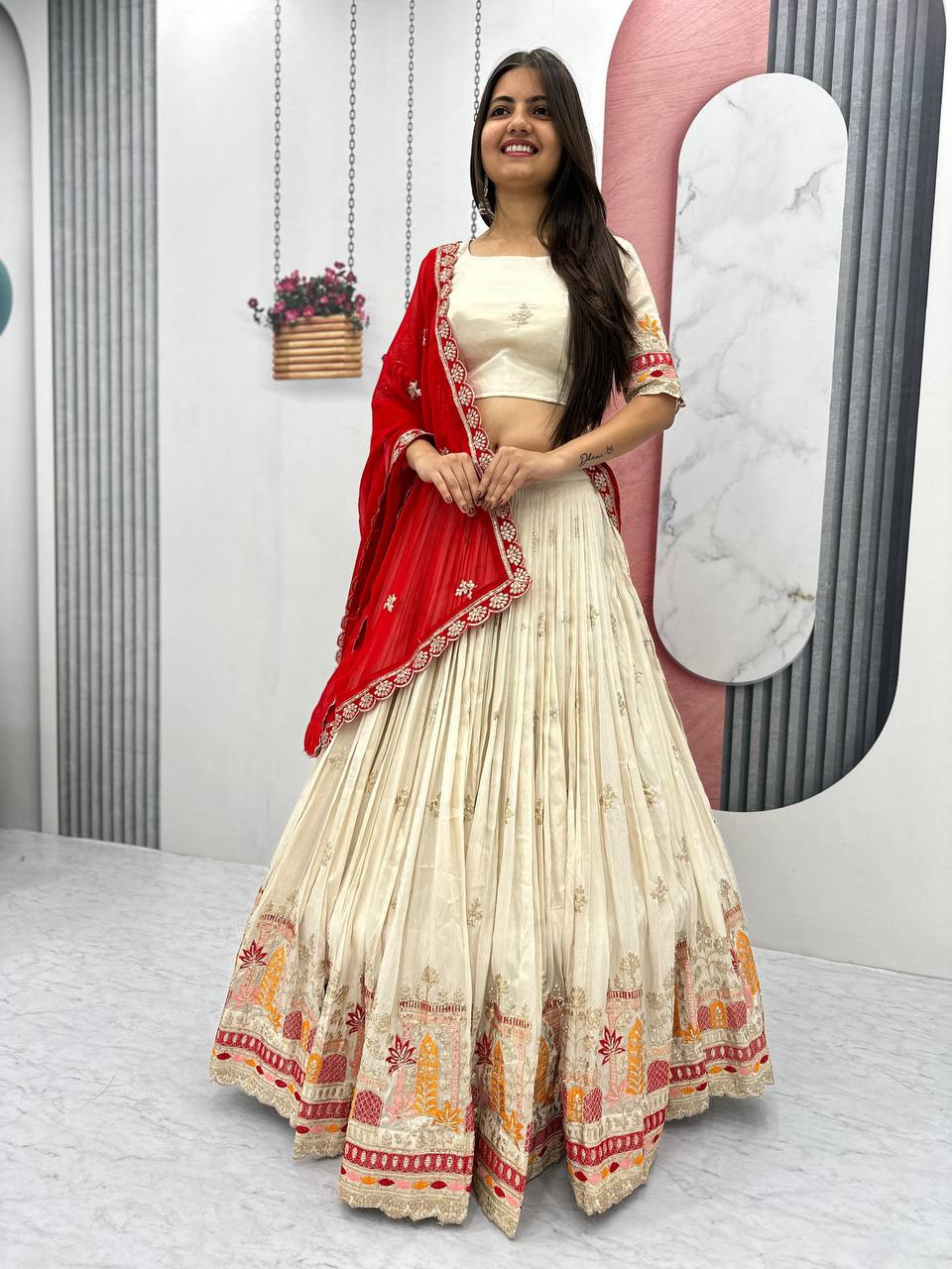 Teeya Creation Cream Color Banarasi Silk Heavy Embroidery Work Fully Stitched Lehenga Choli