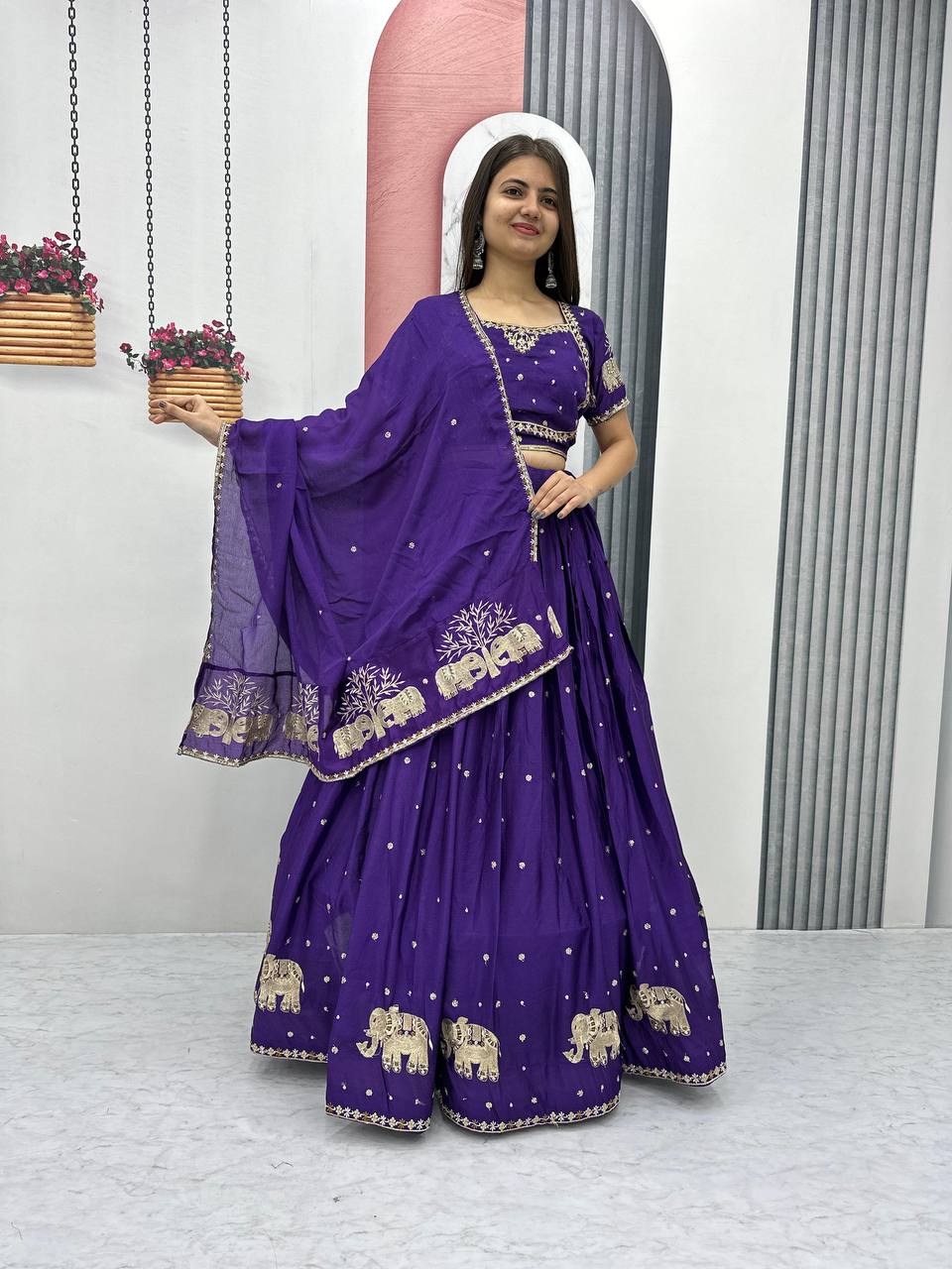 Teeya Creation Purple Color Chinon Silk Embroidery Work Fully Stitched Lehenga Choli