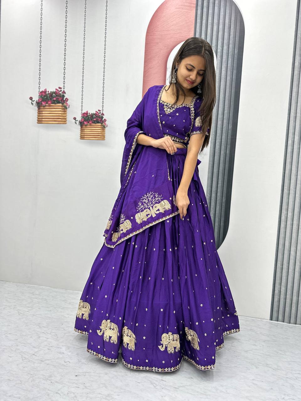 Teeya Creation Purple Color Chinon Silk Embroidery Work Fully Stitched Lehenga Choli