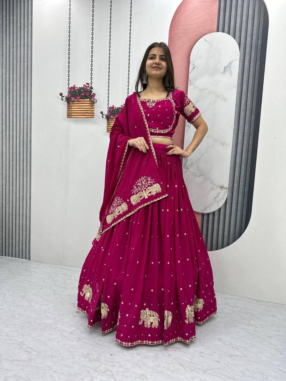 Teeya Creation Rani Color Chinon Silk Embroidery Work Fully Stitched Lehenga Choli