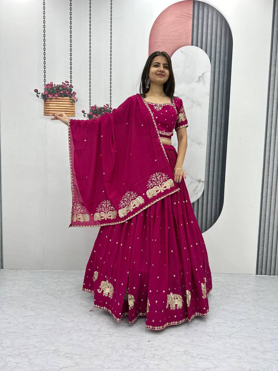 Teeya Creation Rani Color Chinon Silk Embroidery Work Fully Stitched Lehenga Choli