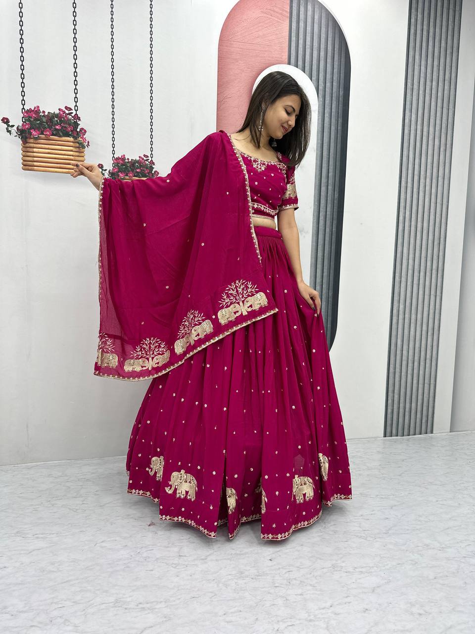Teeya Creation Rani Color Chinon Silk Embroidery Work Fully Stitched Lehenga Choli