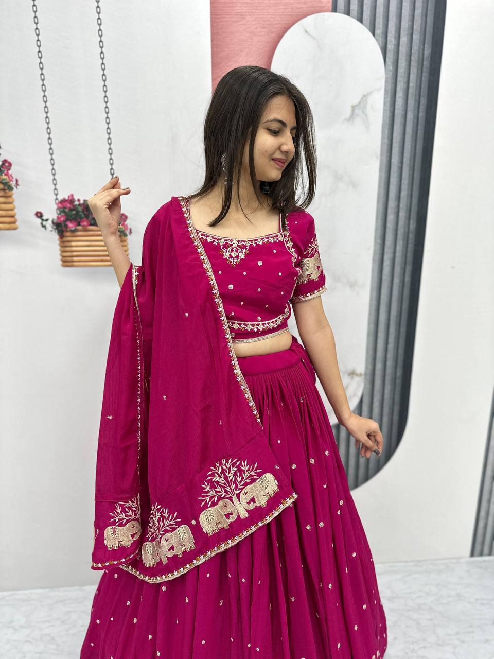 Teeya Creation Rani Color Chinon Silk Embroidery Work Fully Stitched Lehenga Choli