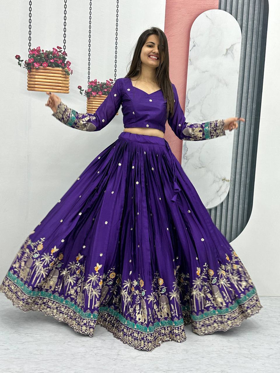 Teeya Creation Purple Color Chinon Silk Embroidery Work Fully Stitched Lehenga Choli