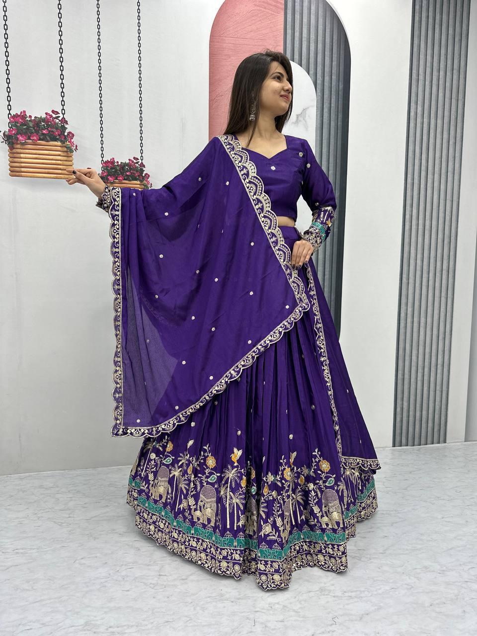 Teeya Creation Purple Color Chinon Silk Embroidery Work Fully Stitched Lehenga Choli