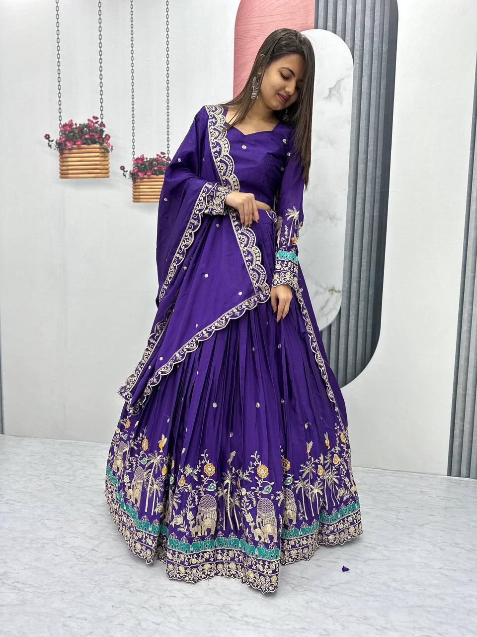 Teeya Creation Purple Color Chinon Silk Embroidery Work Fully Stitched Lehenga Choli