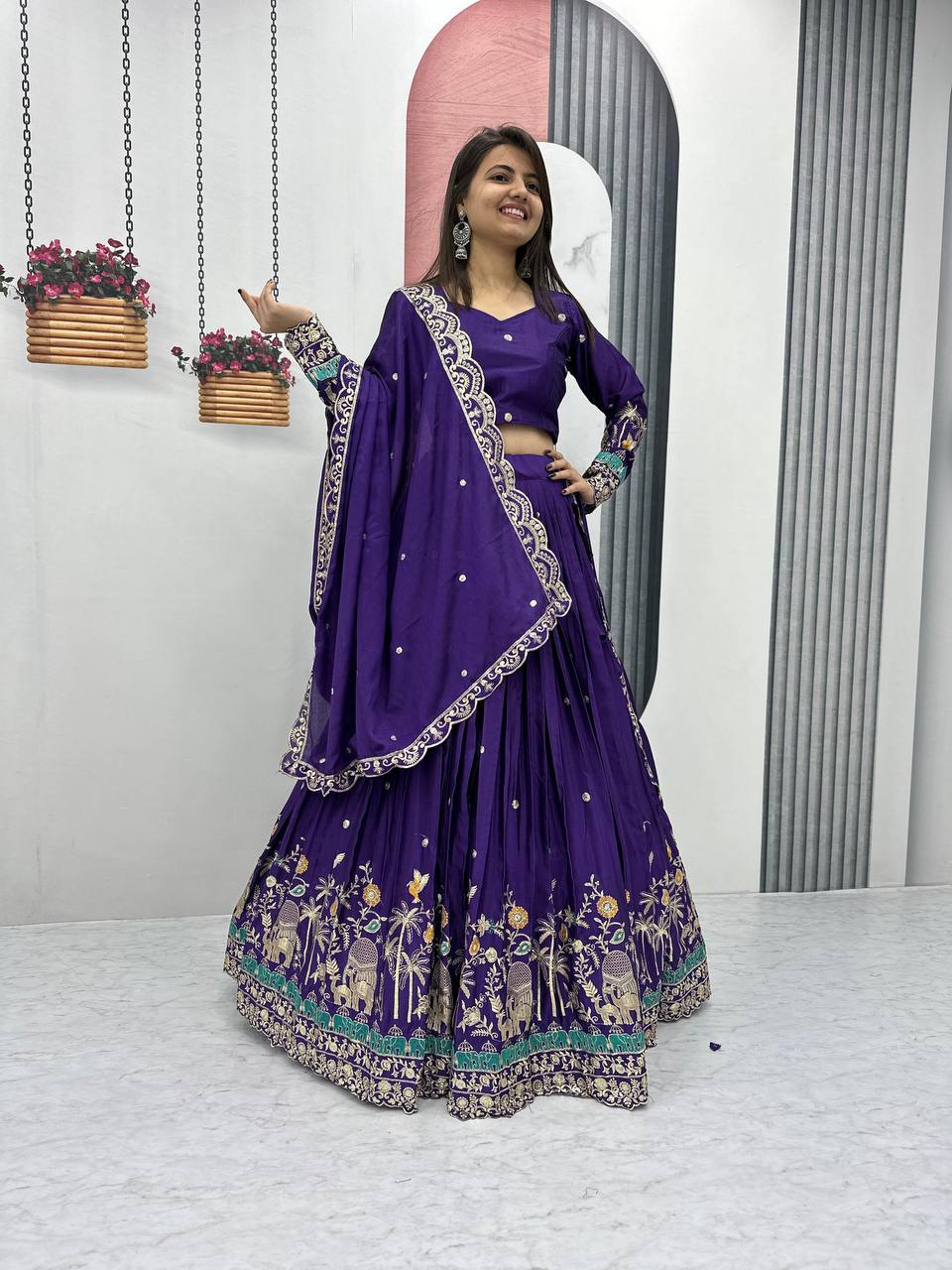 Teeya Creation Purple Color Chinon Silk Embroidery Work Fully Stitched Lehenga Choli