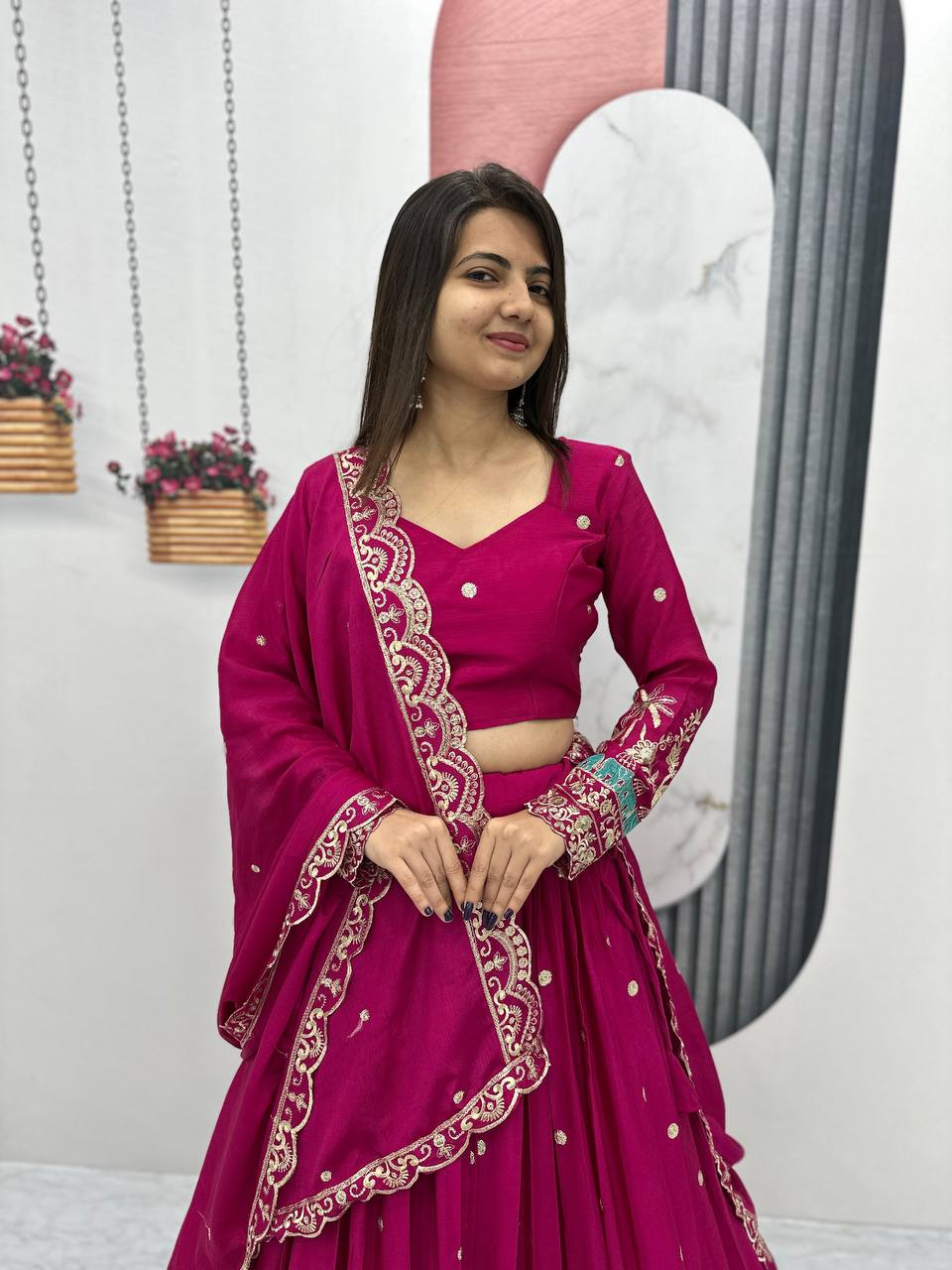 Teeya Creation Rani Color Chinon Silk Embroidery Work Fully Stitched Lehenga Choli