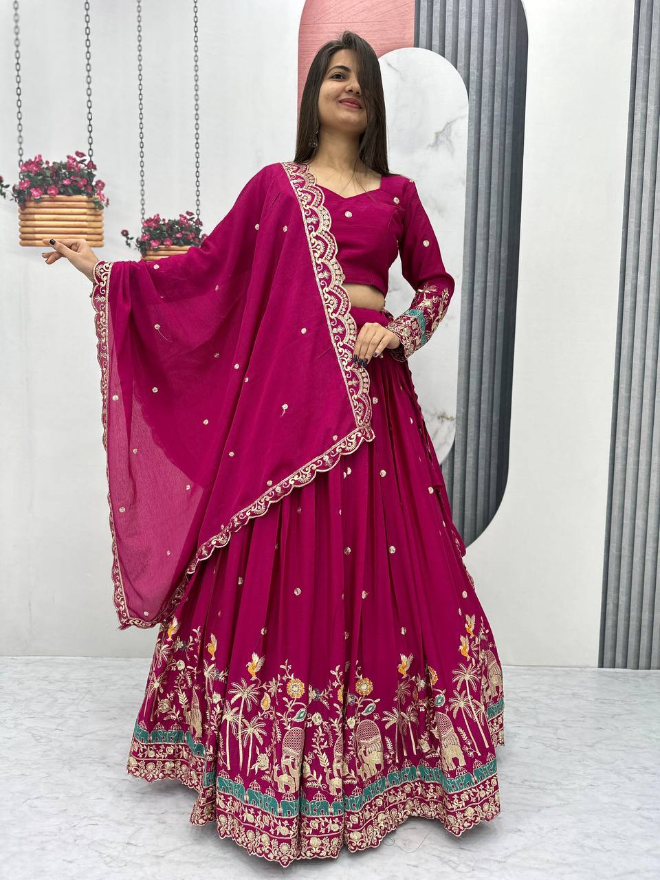Teeya Creation Rani Color Chinon Silk Embroidery Work Fully Stitched Lehenga Choli