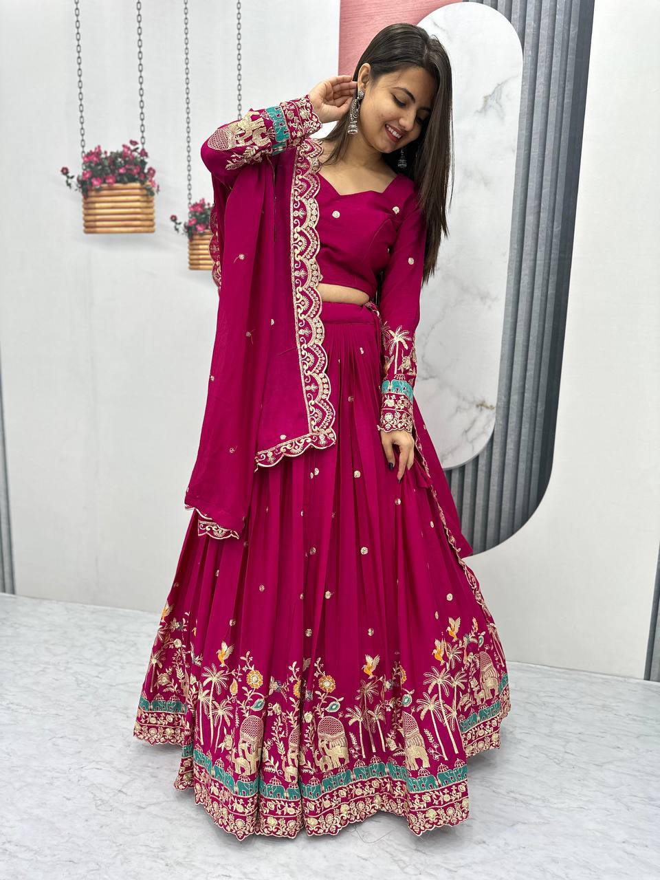 Teeya Creation Rani Color Chinon Silk Embroidery Work Fully Stitched Lehenga Choli