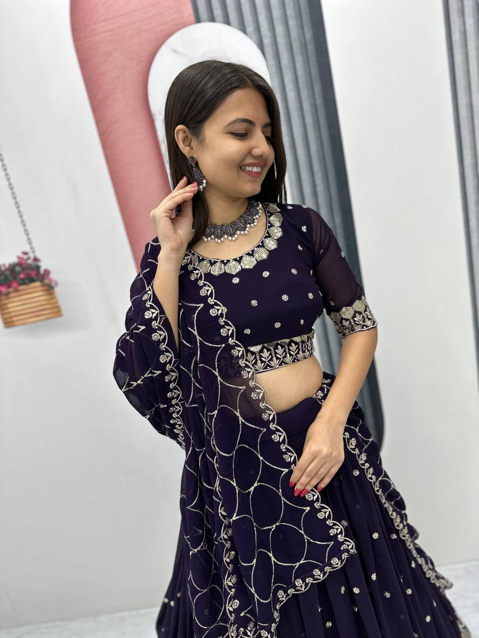 Teeya Creation Dark Purple Color Faux Georgette Embroidery Work Fully Stitched Lehenga Choli